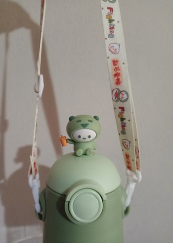 Yeşil Çocuk Termos Şişesi Sevimli Kapaklı - Görsel 2