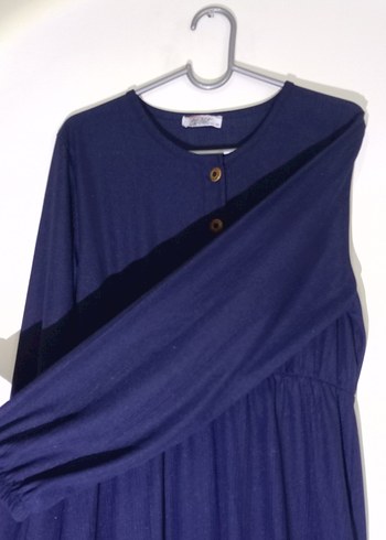 Lacivert Uzun Keten Elbise Düğmeli - Görsel 2