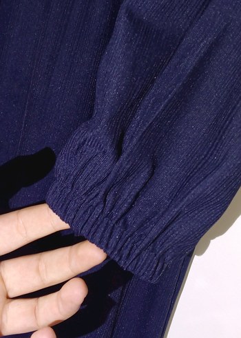 Lacivert Uzun Keten Elbise Düğmeli - Görsel 7