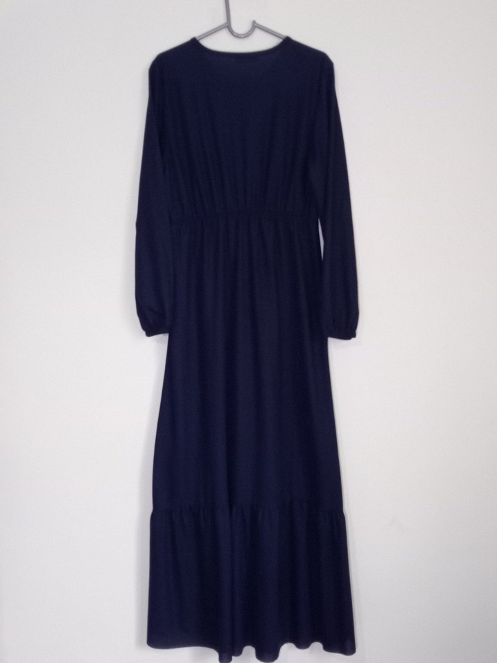 Lacivert Uzun Keten Elbise Düğmeli - Görsel 5