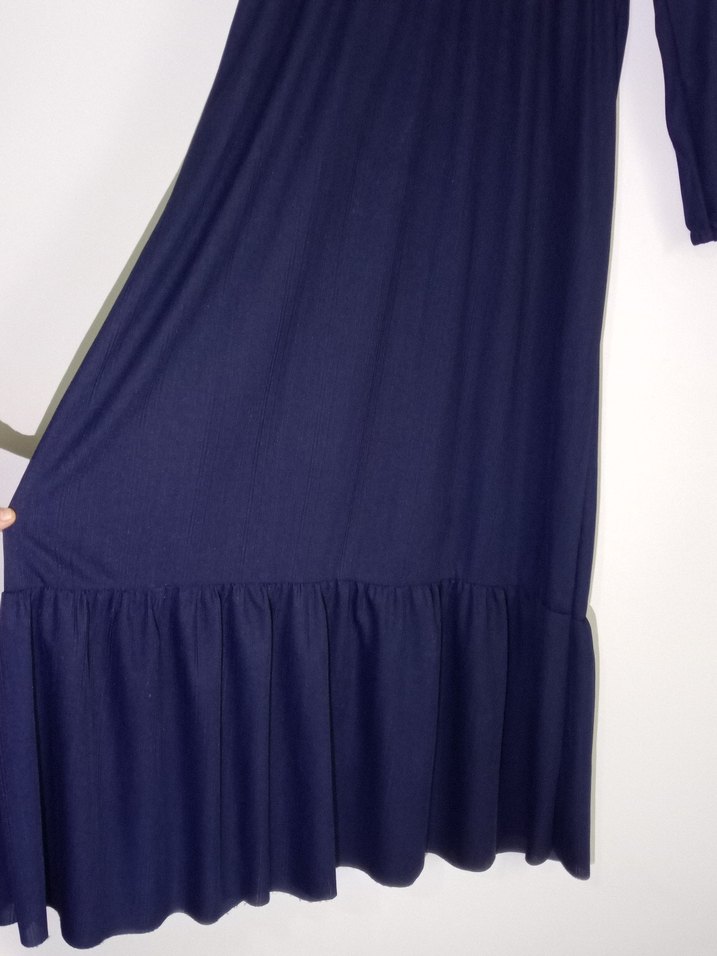 Lacivert Uzun Keten Elbise Düğmeli - Görsel 3