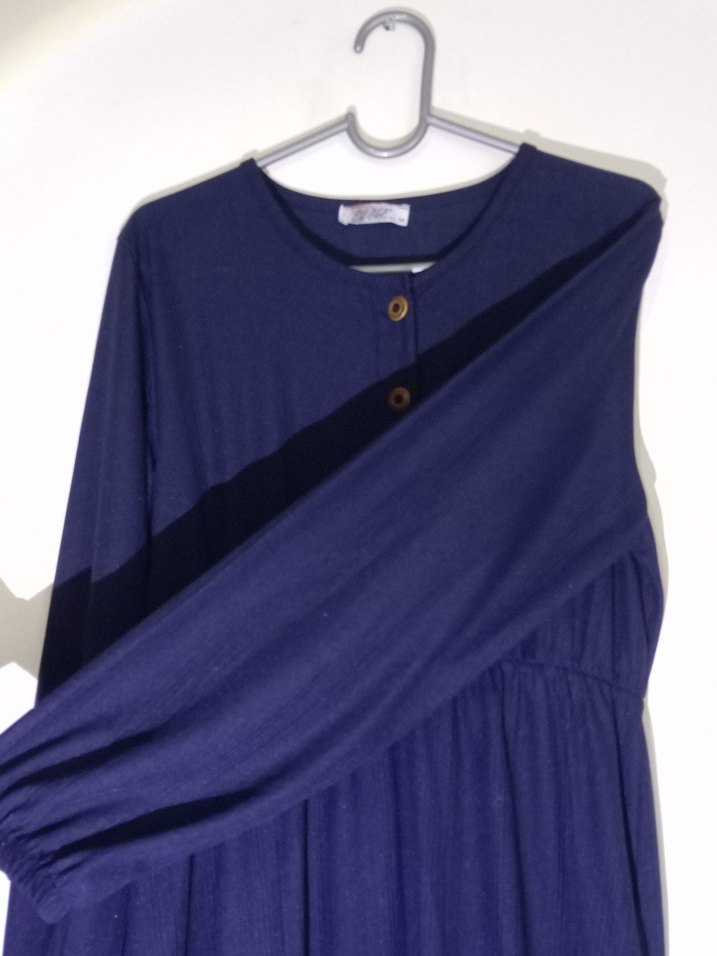 Lacivert Uzun Keten Elbise Düğmeli - Görsel 2