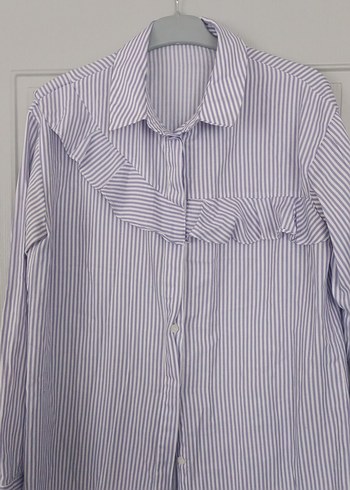 Uzun Kollu Fırfırlı Çizgili Kadın Gömlek - Görsel 2