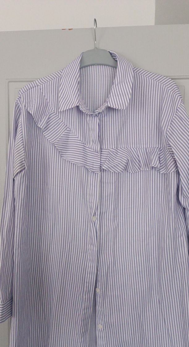 Uzun Kollu Fırfırlı Çizgili Kadın Gömlek - Görsel 2