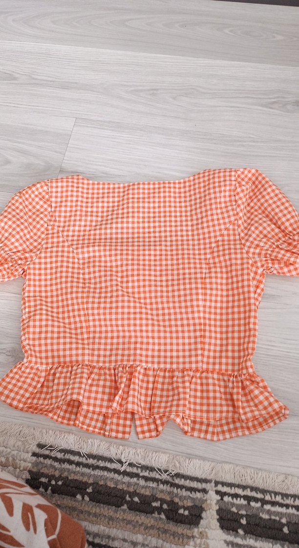 Turuncu Kareli Düğmeli Kadın Bluz - Görsel 3