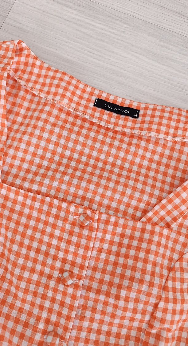 Turuncu Kareli Düğmeli Kadın Bluz - Görsel 2