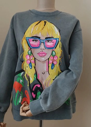 Gri Baskılı Kadın Sweatshirt
