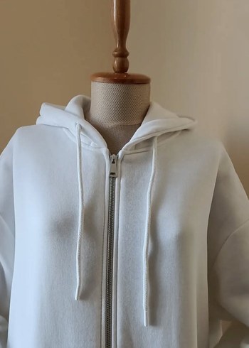 diğer Beden Kadın Beyaz Fermuarlı Kapüşonlu Sweatshirt