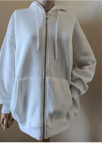 Kadın Beyaz Fermuarlı Kapüşonlu Sweatshirt