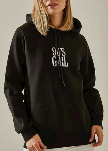 Siyah Kapüşonlu 90's Girl Baskılı Sweatshirt
