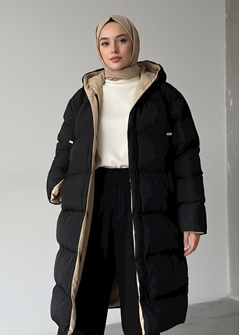 Siyah ve Bej Cift Taraflı Giyilebilir Kışlık Şişme Mont - Görsel 2