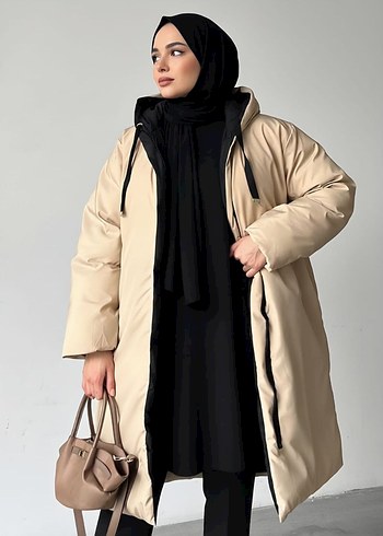 Siyah ve Bej Cift Taraflı Giyilebilir Kışlık Şişme Mont - Görsel 3