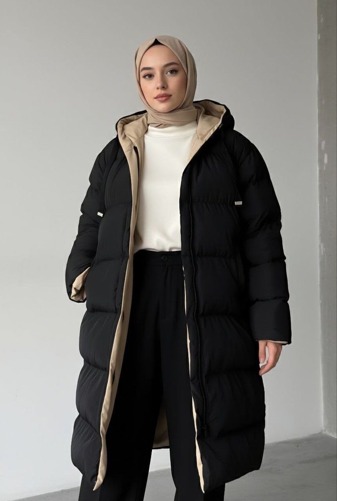 Siyah ve Bej Cift Taraflı Giyilebilir Kışlık Şişme Mont - Görsel 2