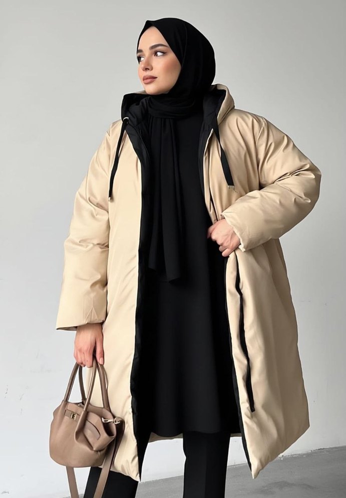 Siyah ve Bej Cift Taraflı Giyilebilir Kışlık Şişme Mont - Görsel 3