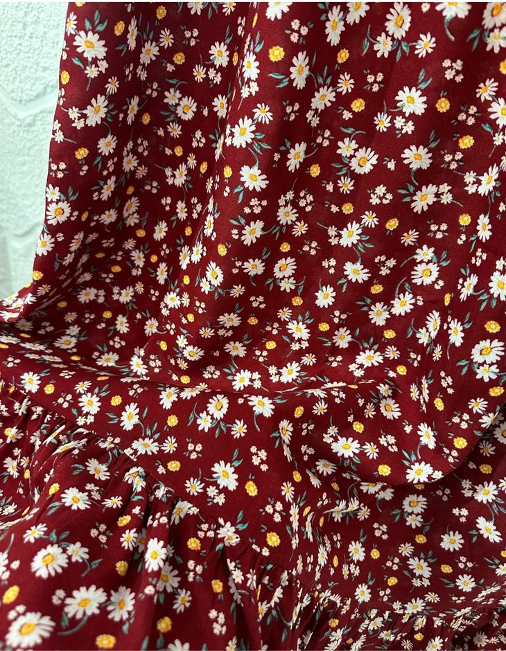 Bordo Çiçekli Uzun Fırfırlı Etek - Görsel 2