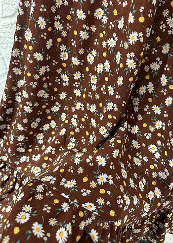 Kahverengi Papatya Desenli Fırfırlı Uzun Etek - Görsel 2