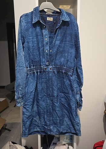 Kadın Lacivert Batik Desenli Denim elbise