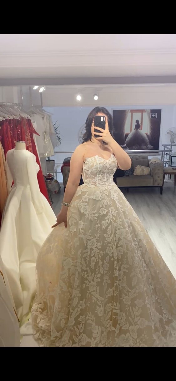 Bej Straplez A Kesim Dantel Gelinlik özel tasarım - Görsel 3