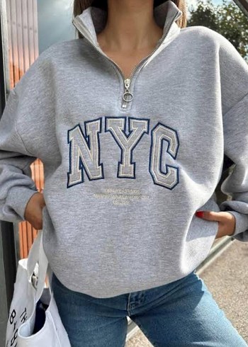Gri Fermuarlı NYC Baskılı Sweatshirt