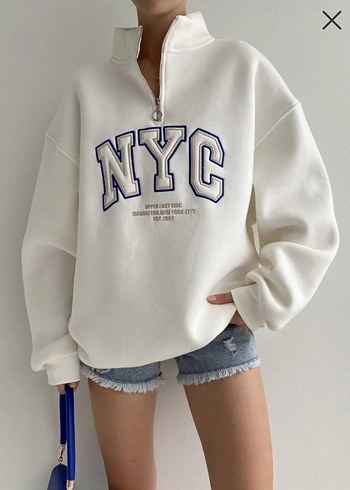 Beyaz NYC Baskılı Fermuarlı Sweatshirt