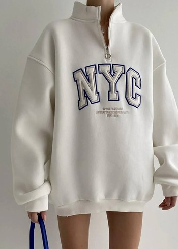 diğer Beden Beyaz NYC Baskılı Fermuarlı Sweatshirt