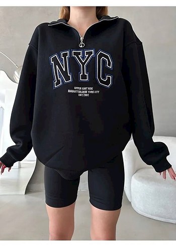 Siyah Yarım Fermuarlı NYC Baskılı Sweatshirt