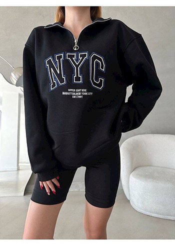 Diğer Siyah Yarım Fermuarlı NYC Baskılı Sweatshirt