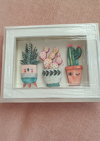 Beden pembe Renk Pastel Pembe Çerçeveli Kaktüs Desenli Tablo
