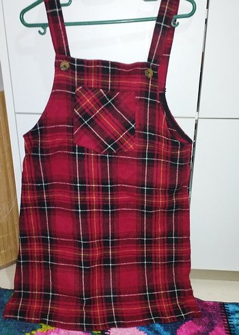 Bordo Ekose Kız Salopet Düğmeli - Görsel 2