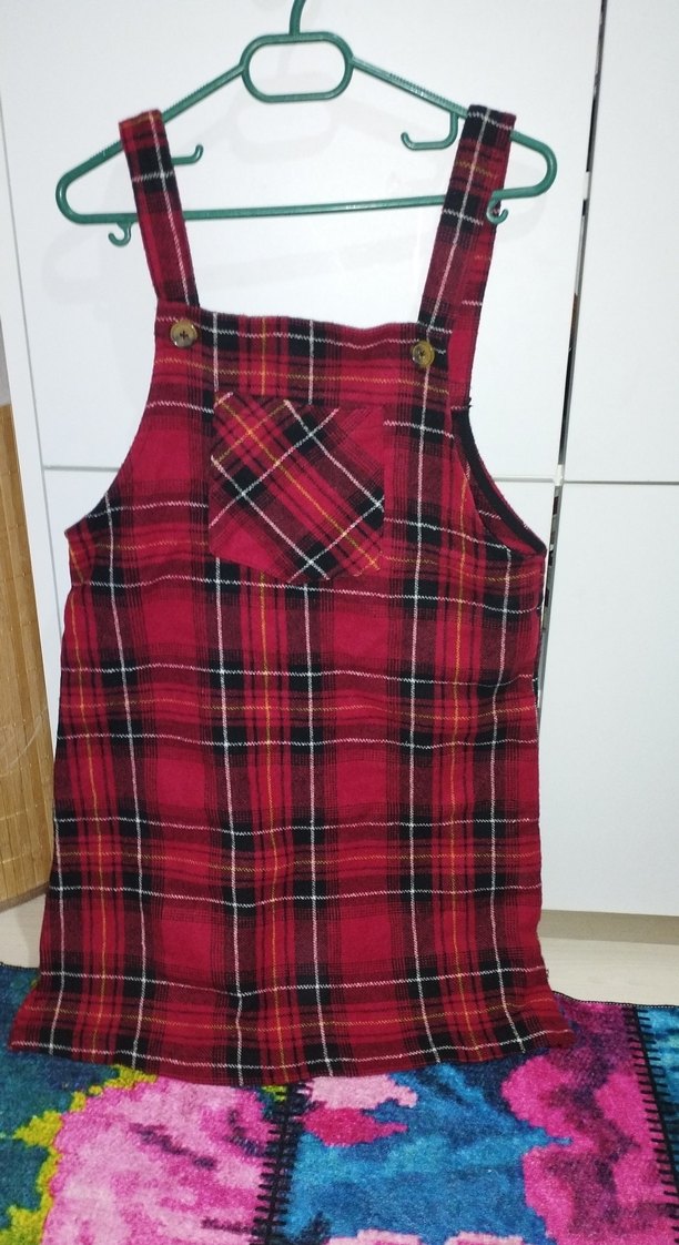 Bordo Ekose Kız Salopet Düğmeli - Görsel 2