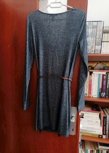 Mango Gri Uzun Kollu Kuşaklı Mini Elbise