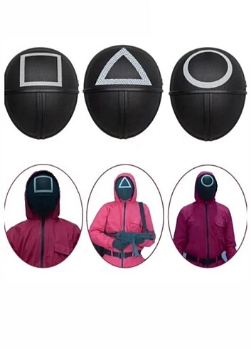 3 Adet Kare, üçgen ve Yuvarlak squid game maske Birarada