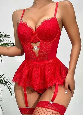 Beden xl - Kırmızı Dantelli Etekli Babydoll Takım