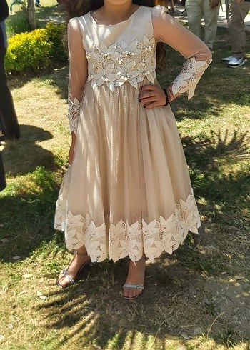 Kız Çocuk Beyaz Dantel İşlemeli Elbise - Görsel 6