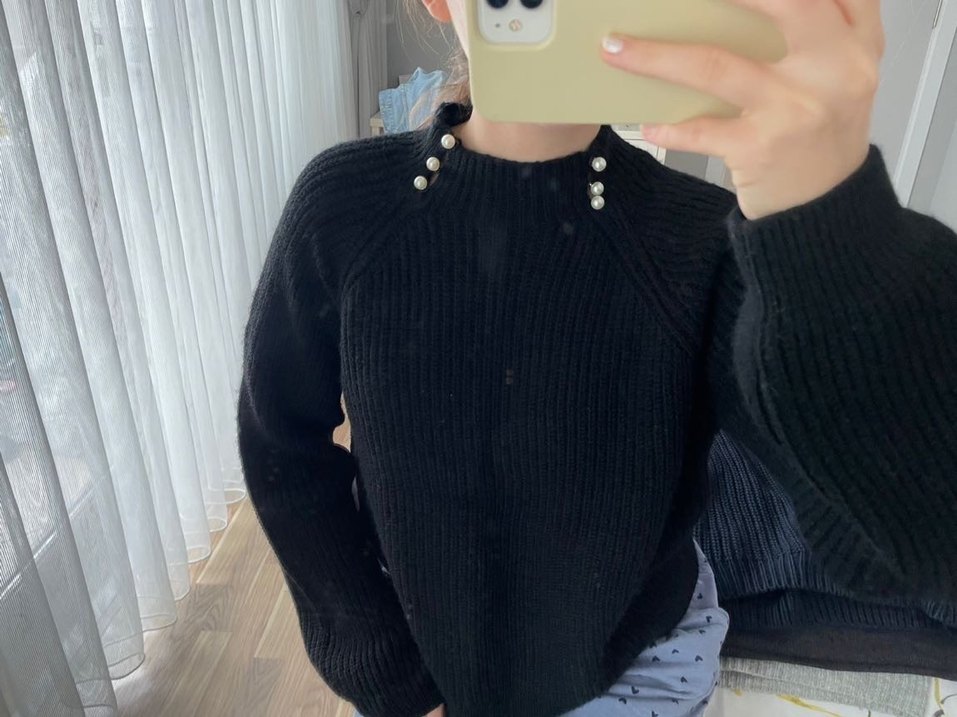 Düğmeli Siyah Yüksek Yakalı Triko Kazak - Görsel 2