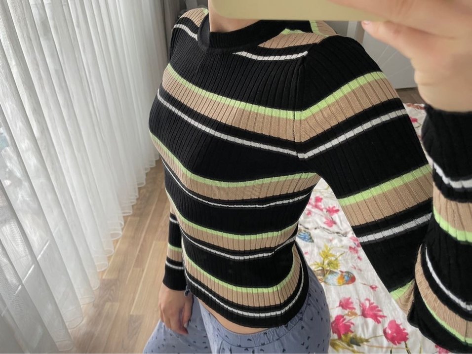 Çizgili Balıkçı Yaka Kadın Triko - Görsel 2