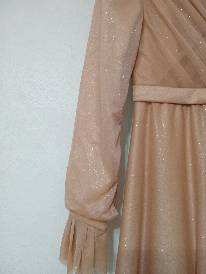 Bej Uzun Abiye Elbise V Yaka Drapeli - Görsel 2