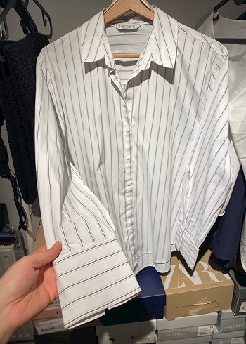 Kadın Beyaz Çizgili Pamuklu Gömlek - Görsel 5