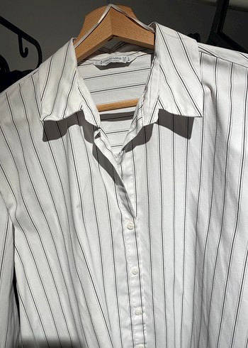 Kadın Beyaz Çizgili Pamuklu Gömlek - Görsel 2