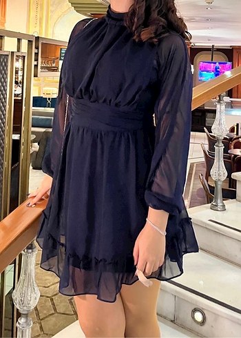 Lacivert Mini Uzun Kollu Fırfırlı Elbise