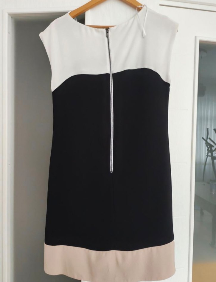 Bej Siyah Midi Kolsuz Ofis Elbisesi - Görsel 2