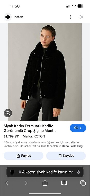 Koton Siyah Kadife Şişme Mont