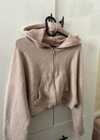 Bej Örgü Kapüşonlu Sweatshirt