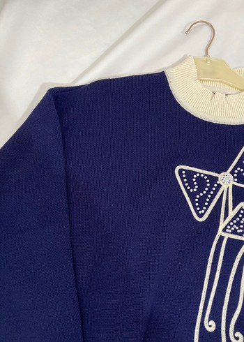 Lacivert Nakışlı Uzun Triko Kadın Kazak - Görsel 2