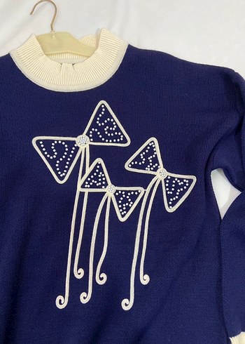 Lacivert Nakışlı Uzun Triko Kadın Kazak - Görsel 3