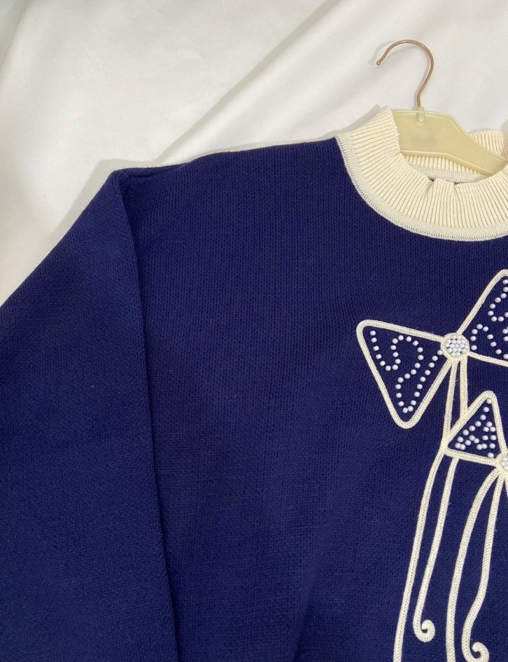 Lacivert Nakışlı Uzun Triko Kadın Kazak - Görsel 2