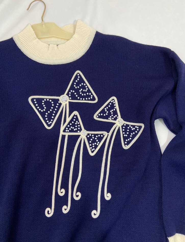 Lacivert Nakışlı Uzun Triko Kadın Kazak - Görsel 3