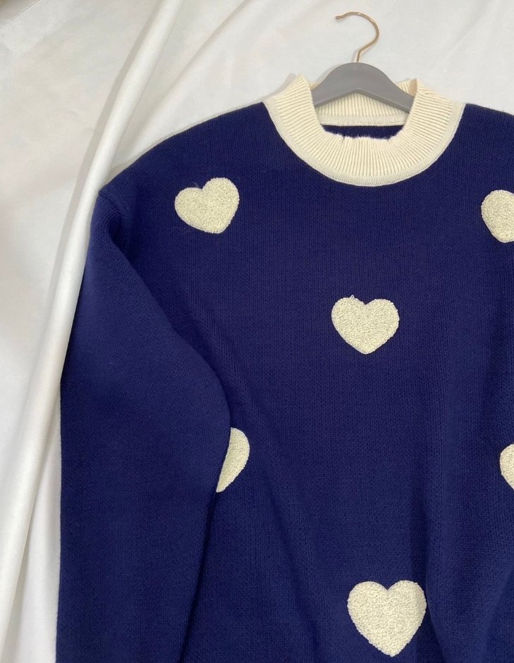 Nakışlı Mavi Uzun Kollu Triko Kazak - Görsel 2