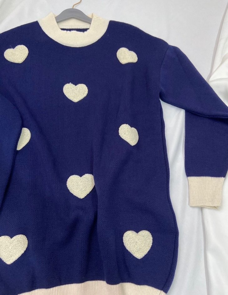 Nakışlı Mavi Uzun Kollu Triko Kazak - Görsel 3