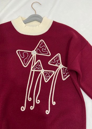 Bordo Nakışlı Kadın Triko Kazak - Görsel 3